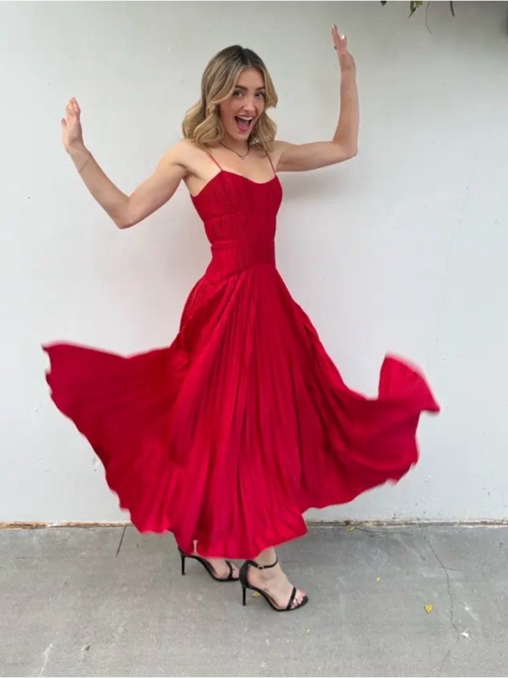 Amur RED CALLA LILY CHERRY DROP WAIST Pleated Spaghetti-Strap dress size 14. - Picture 7 of 13